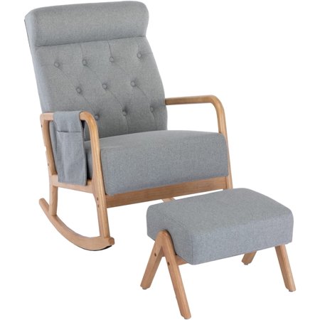 UPYOOE Nursery Rocking Chair Mid-Century Modern Chair with Ottoman Leather Arm Chair High Back with Side Pocket Comfy Glider Rocker Chair for Living Room Baby Room Bedroom (Grey Linen Fabric)