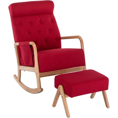 UPYOOE Nursery Rocking Chair Mid-Century Modern Chair with Ottoman Leather Arm Chair High Back with Side Pocket Comfy Glider Rocker Chair for Living Room Baby Room Bedroom (Red Linen Fabric)
