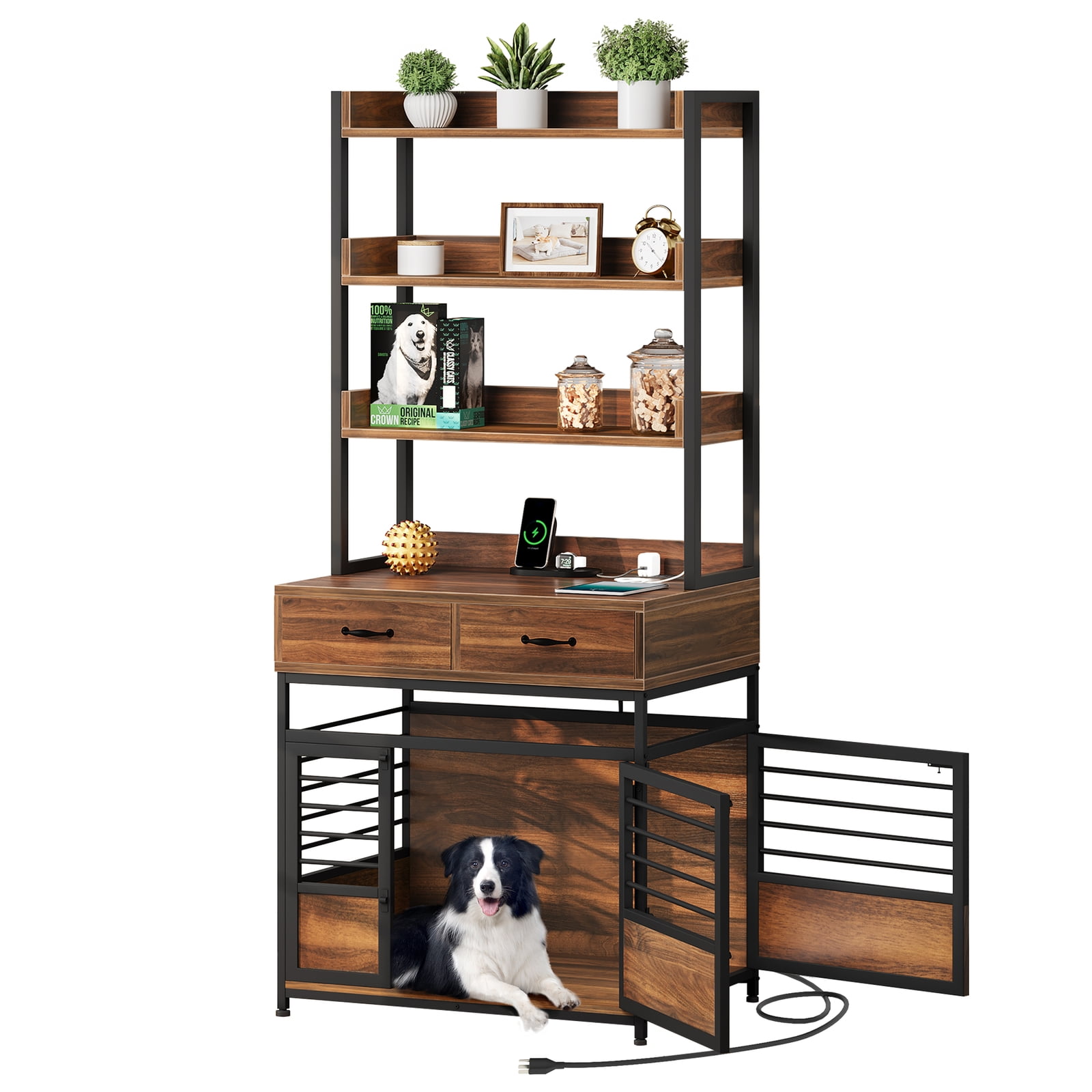 Image showcasing UPZE Dog Crate Furniture with Storage Shelves, Heavy Duty Dog Crate ...