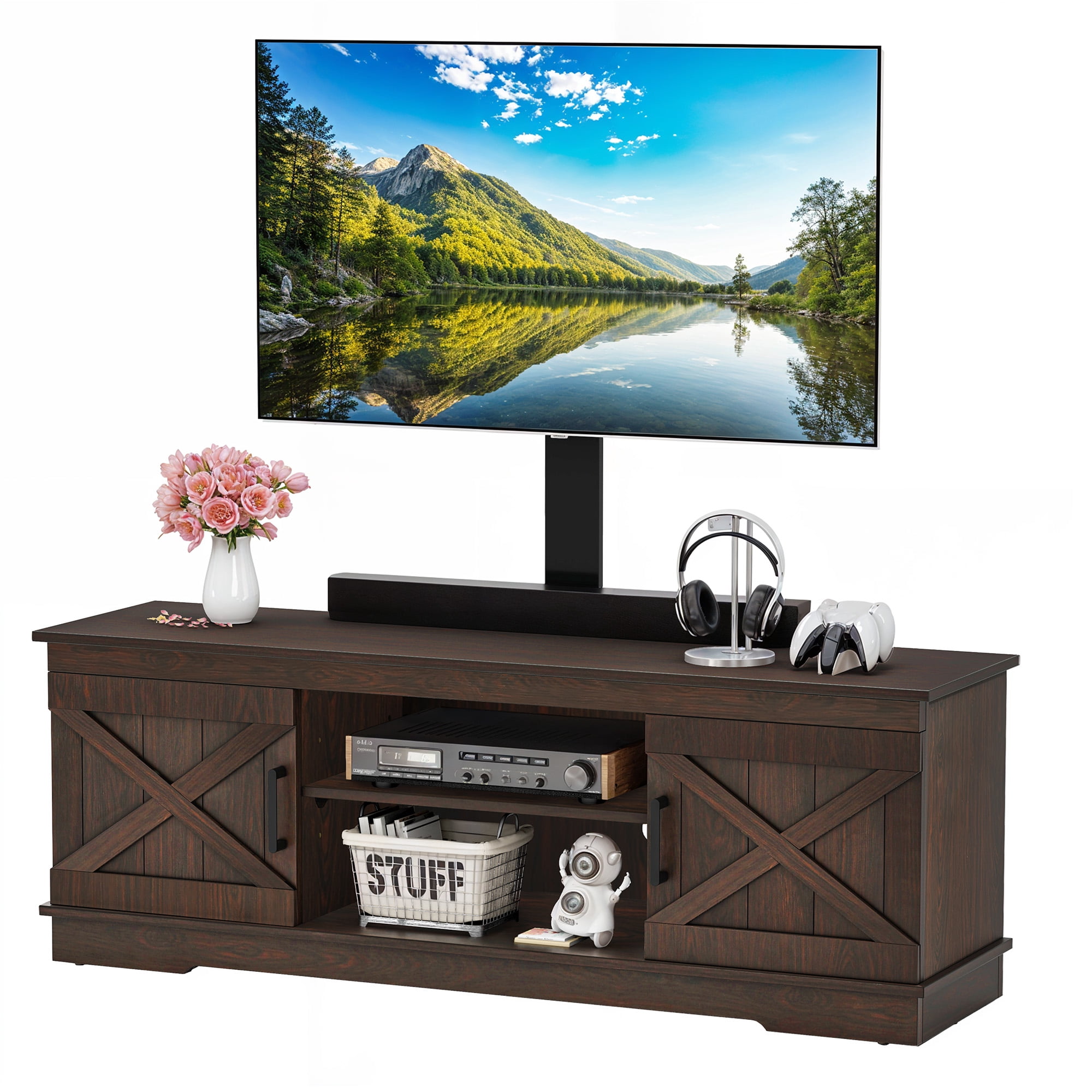 YITAHOME Farmhouse TV Stand With Mount - Fits 32-70 Inch TVs, Dark Rustic Oak Entertainment Center, Adjustable Shelf, Sturdy Media Console With X Motif