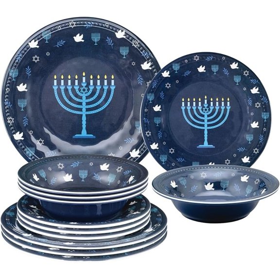 UPware 12 Piece Hanukkah Menorah Melamine Dinnerware Sets, Outdoor Dishes Set, Plates and Bowls Sets, Hanukkah Decorations, Service for 4, Indigo Blue
