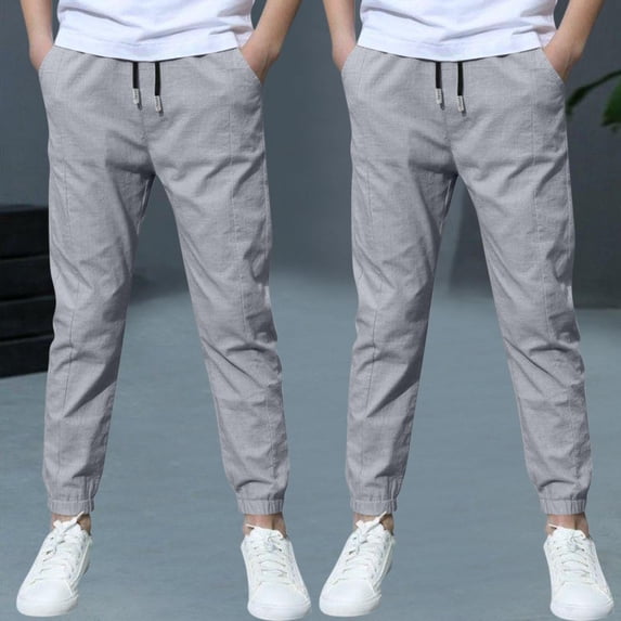 UQJfacai 2 Pack Boys Cotton Linen Pants Kids Athletic Jogger Sweat Pants Drawstring Elastic Waist Trousers with Pockets for 3-13 Years