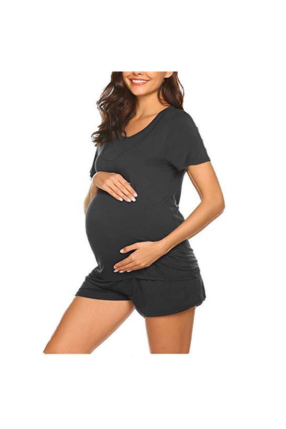 2 Piece Maternity Breastfeeding Pajamas Set Hidden Nursing Tops Short Postpartum PJS Loungewear Pregnancy Clothes S-2XL