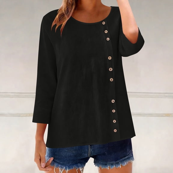 UQJfacai 3/4 Length Sleeve Womens Tops Cotton Linen Casual Summer Shirts Button Decor Crewneck Loose Vacation Beach Blouses S-2XL