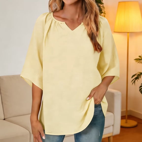 UQJfacai 3/4 Length Sleeve Womens Tops Spring Summer Pleated V Neck Linen T Shirts Loose Casual Fashion Tunic Tops S-2XL