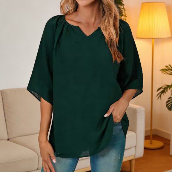 UQJfacai 3/4 Length Sleeve Womens Tops Spring Summer Pleated V Neck Linen T Shirts Loose Casual Fashion Tunic Tops S-2XL