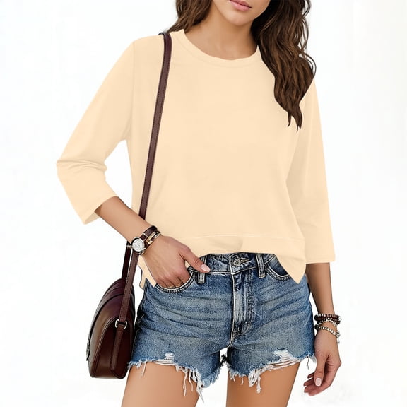 UQJfacai 3/4 Length Sleeve Womens Tops Summer Trendy Crewneck Basic Tees Shirts Side Split Casual Fashion Loose Blouses S-2XL