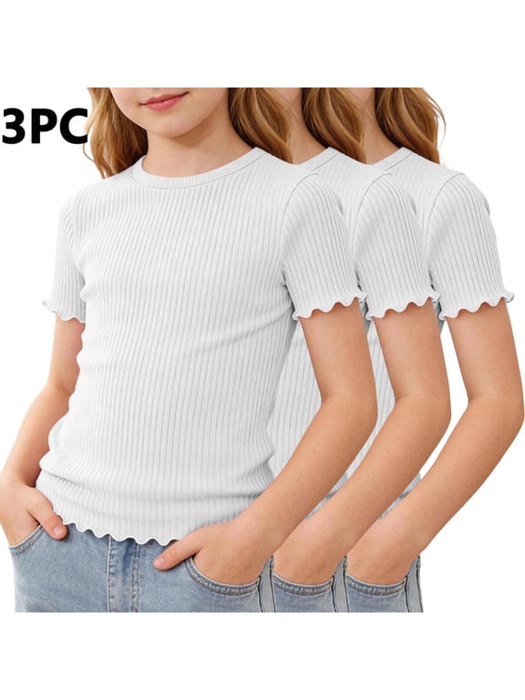 3 Pack Girls Short Sleeve Shirts Lettuce Trim Crewneck Tops Summer Casual Ribbed Tee Fitted Basic Cute T-Shirts 5-16 Years