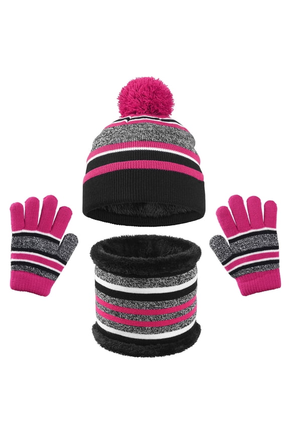 3 Pieces Boys Girls Winter Beanie Hat Scarf Gloves Set Thick Knitted Warm Toddler Pom Pom Winter Hat with Mittens Neck Warmer Fleece Lined Set for Kids 4-10 Years