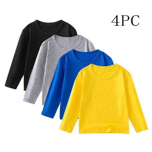 UQJfacai 4 Pack Boys Long Sleeve Shirts Cotton Basic Tees Kids Girls Casual Solid Tagless Crewneck Layering T-Shirts 1-11 Years