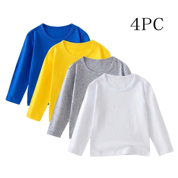 UQJfacai 4 Pack Boys Long Sleeve Shirts Cotton Basic Tees Kids Girls Casual Solid Tagless Crewneck Layering T-Shirts 1-11 Years