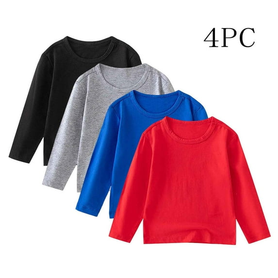 UQJfacai 4 Pack Boys Long Sleeve Shirts Cotton Basic Tees Kids Girls Casual Solid Tagless Crewneck Layering T-Shirts 1-11 Years