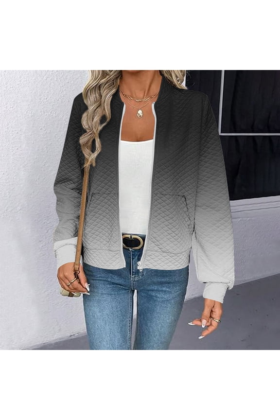 Bomber Jacket Women Waffle Gradient Zip Up Jackets Fashion Fall Coats Lightweight Long Sleeve Causal Outerwear with Pockets