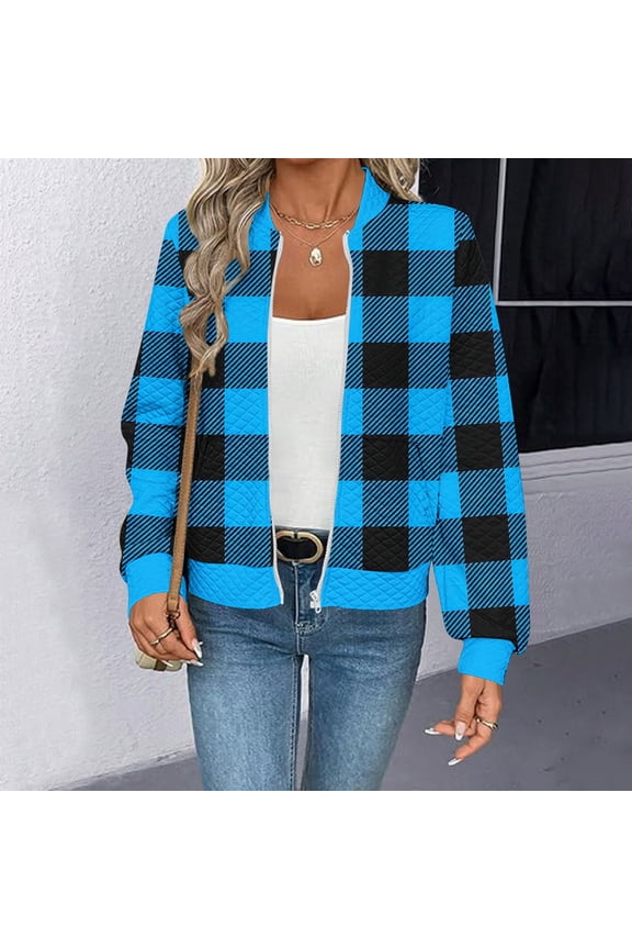 Bomber Jacket Women Waffle Plaid Zip Up Jackets Fall Winter Fashion Long Sleeve Coats Causal Outerwear with Pockets