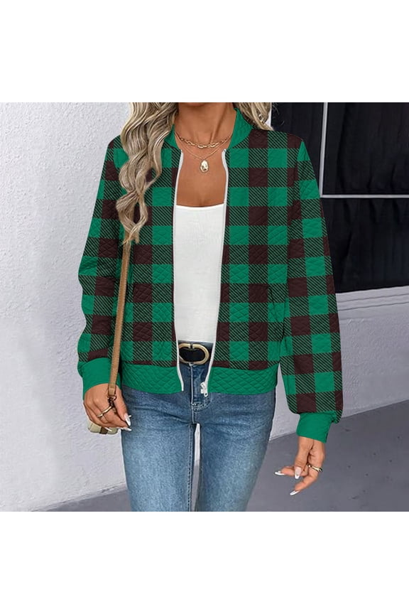 Bomber Jacket Women Waffle Plaid Zip Up Jackets Fall Winter Fashion Long Sleeve Coats Causal Outerwear with Pockets
