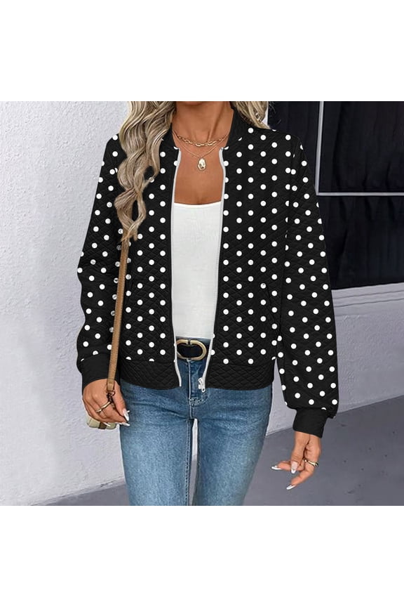 Bomber Jacket Women Waffle Polka Dot Zip Up Jackets Fashion Fall Coats Lightweight Long Sleeve Causal Outerwear with Pockets