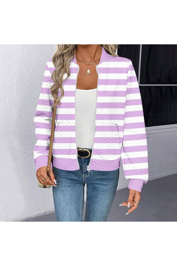 Bomber Jacket Women Waffle Striped Zip Up Jackets Fall Winter Fashion Long Sleeve Coats Causal Outerwear with Pockets