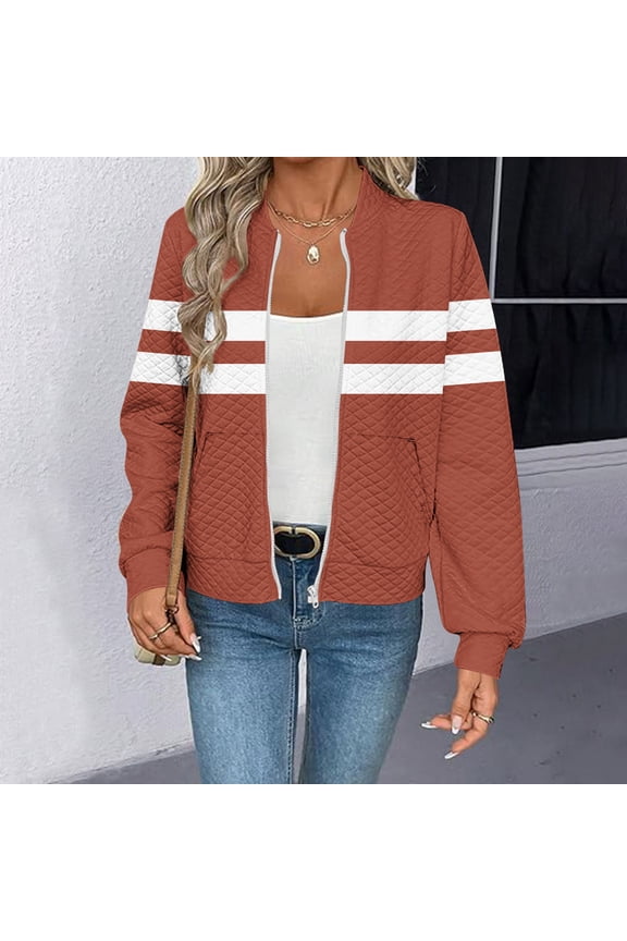 Bomber Jacket Women Waffle Striped Zip Up Jackets Fashion Fall Coats Lightweight Long Sleeve Causal Outerwear with Pockets