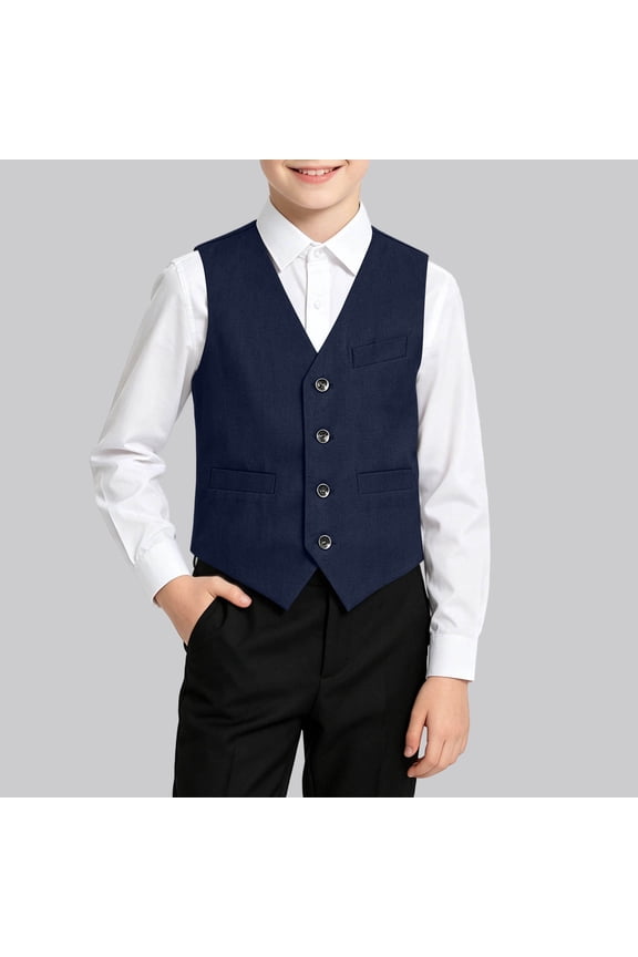 Boys 4 Button Formal Inner Wear Suit Vest V-Neck Dress Waistcoat with Pockets 5-15 Years