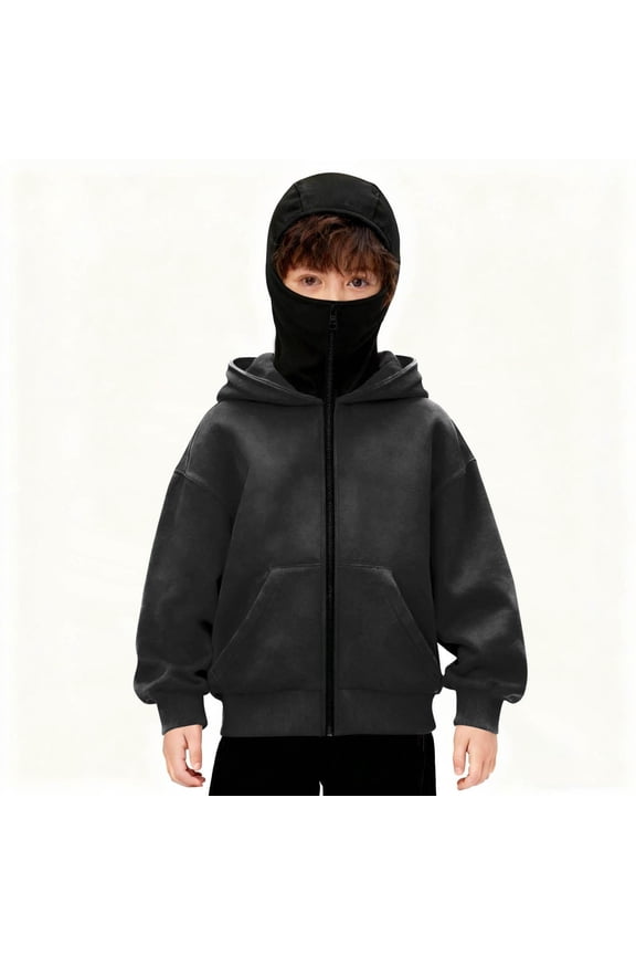 Boys Balaclava Hoodie Double Hooded Zip Up Jacket Fall Winter Oversized Long Sleeve Windproof Sweatshirt with Face Mask 4-15 Years