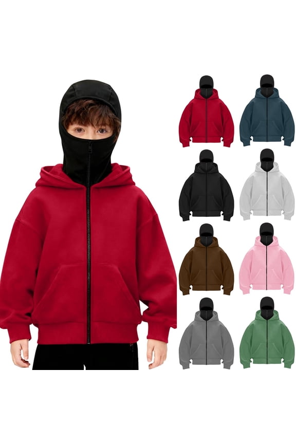 Boys Balaclava Hoodie Double Hooded Zip Up Jacket Fall Winter Oversized Long Sleeve Windproof Sweatshirt with Face Mask 4-15 Years
