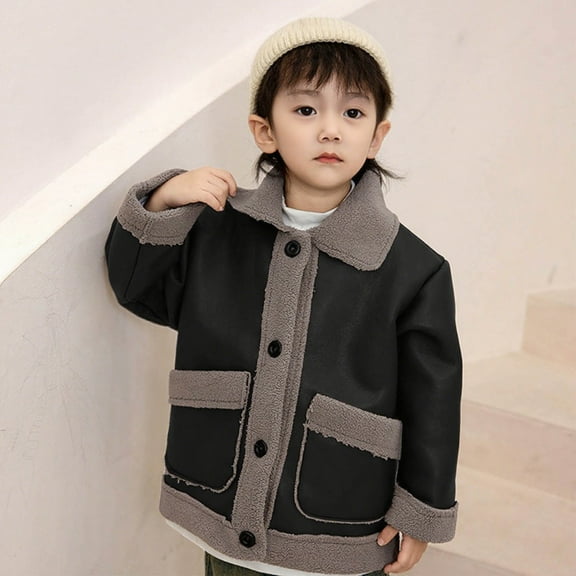 UQJfacai Boys Faux Leather Fall Jackets Casual Button Down Lapel Faux Suede Winter Coat Long Sleeve Fleece Sherpa Lined Outerwear 4-11 Years