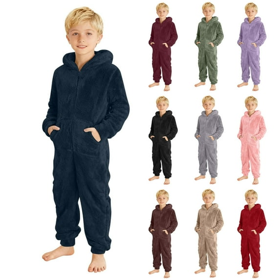 UQJfacai Boys Fleece Onesie Pajamas Jumpsuit Kids Warm Sherpa Romper with Pockets One Piece Zipper Hooded Cute Sleepwear 4-14 Years
