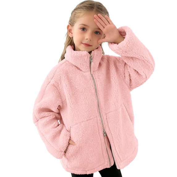 UQJfacai Boys Girls Fleece Jacket Fuzzy Sherpa Winter Coats Kids Stand Collar Double Zipper Casual Outerwear with Pockets 3-16 Years