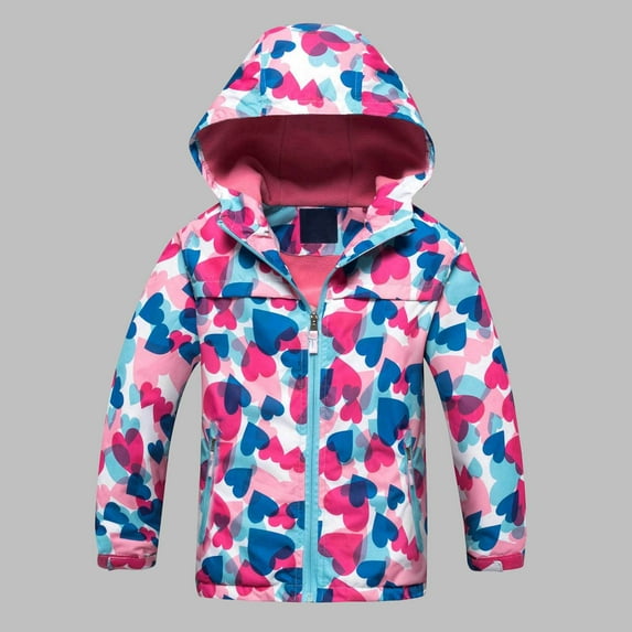 UQJfacai Boys Girls Rain Jacket Lightweight Waterproof Fleece Lined Raincoat with Pockets Fashion Heart Printed Zip Up Hooded Windbreakers for Kids 2-12 Years