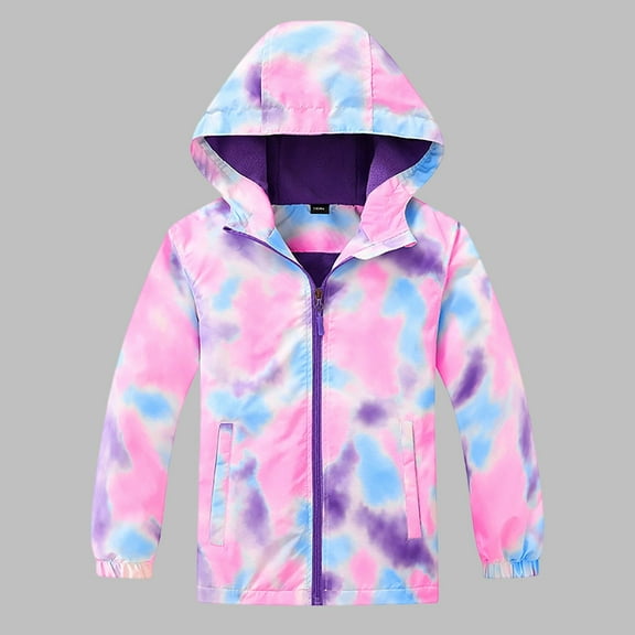 UQJfacai Boys Girls Rain Jacket Lightweight Waterproof Fleece Lined Raincoat with Pockets Fashion Tie Dye Zip Up Hooded Windbreakers for Kids 2-12 Years