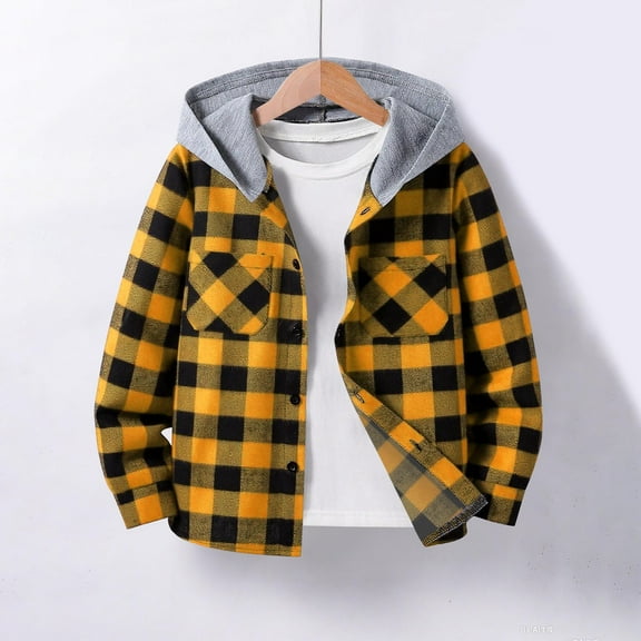 UQJfacai Boys Hoodies Shirts Kids Casual Button Down Plaid Shirt Fall Winter Long Sleeve Hooded Shacket Jackets with Pocket 5-14 Years