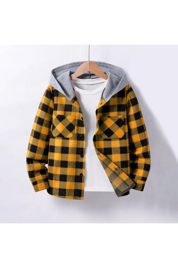 Boys Hoodies Shirts Kids Casual Button Down Plaid Shirt Fall Winter Long Sleeve Hooded Shacket Jackets with Pocket 5-14 Years