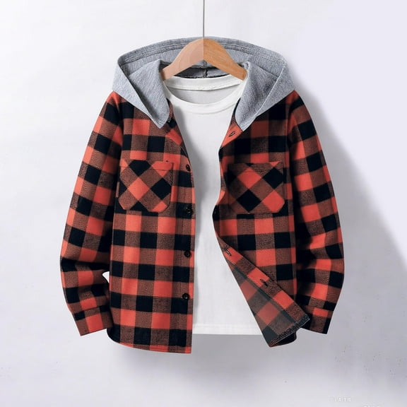 UQJfacai Boys Hoodies Shirts Kids Casual Button Down Plaid Shirt Fall Winter Long Sleeve Hooded Shacket Jackets with Pocket 5-14 Years