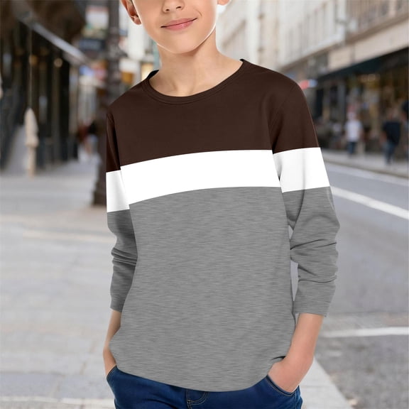 UQJfacai Boys Long Sleeve Shirts Kids Fashion Fall Tops Casual Crewneck Color Block Basic Layering Tees Blouse 3-14 Years