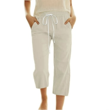 UQJfacai Capri Pants for Girls Casual 2025 Summer Drawstring Elastic High Waist Linen Capris Straight Wide Leg Cropped Trouser 4-14 Years