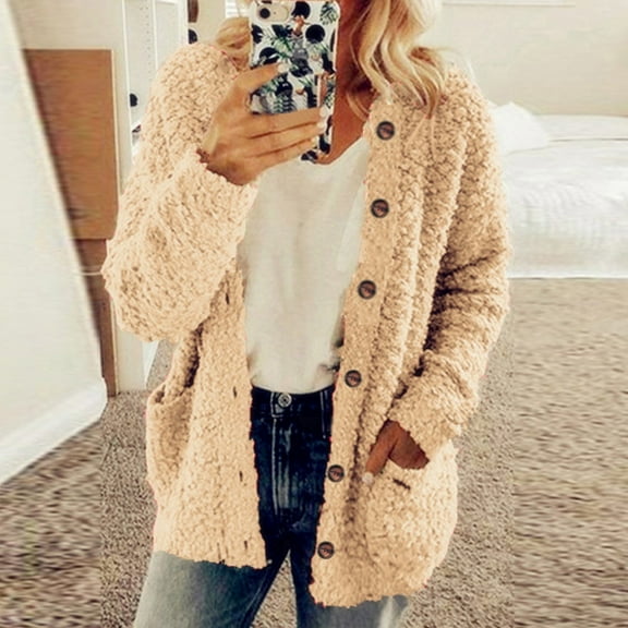 UQJfacai Cardigan for Women Plus Size Oversized Fuzzy Sherpa Fleece Jacket Fall Winter Long Sleeve Open Front Button Down Coats