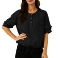thumbnail image 1 of UQJfacai Cotton Linen Shirts for Women Ruffle Short Sleeve Henley Crewneck Summer Tops Dressy Casual Button Down Blouses S-2XL, 1 of 7