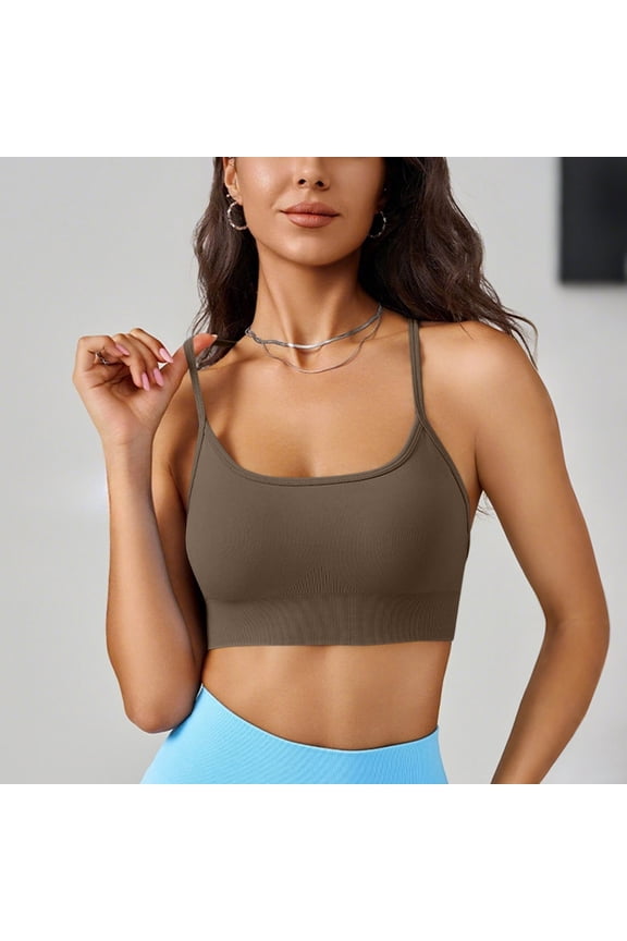 Criss Cross Back Sports Bras for Women Low Scoop Neck Spaghetti Straps Wireless Padded Workout Yoga Bra Crop Top L