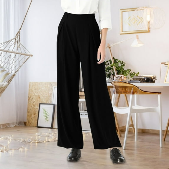 UQJfacai Dress Pants Women Wide Leg Pull On Stretchy Work Pants High Waisted Pleated Flowy Business Casual Trousers with Pockets