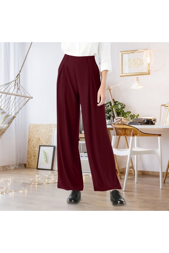 Dress Pants Women Wide Leg Pull On Stretchy Work Pants High Waisted Pleated Flowy Business Casual Trousers with Pockets