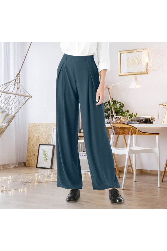 Dress Pants Women Wide Leg Pull On Stretchy Work Pants High Waisted Pleated Flowy Business Casual Trousers with Pockets