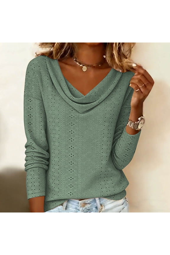 Eyelet Long Sleeve Tops for Women Cowl Neck Drape Ruched Front Tunic Blouses Dressy Casual Business Work Shirts S-2XL