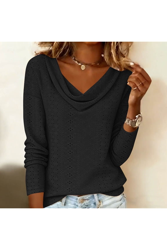 Eyelet Long Sleeve Tops for Women Cowl Neck Drape Ruched Front Tunic Blouses Dressy Casual Business Work Shirts S-2XL