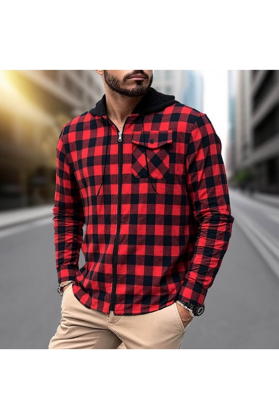Flannel Shirt for Men Plaid Zip Up Hoodie Fall Winter Stylish Lightweight Hooded Long Sleeve Shirts Jacket with Pockets