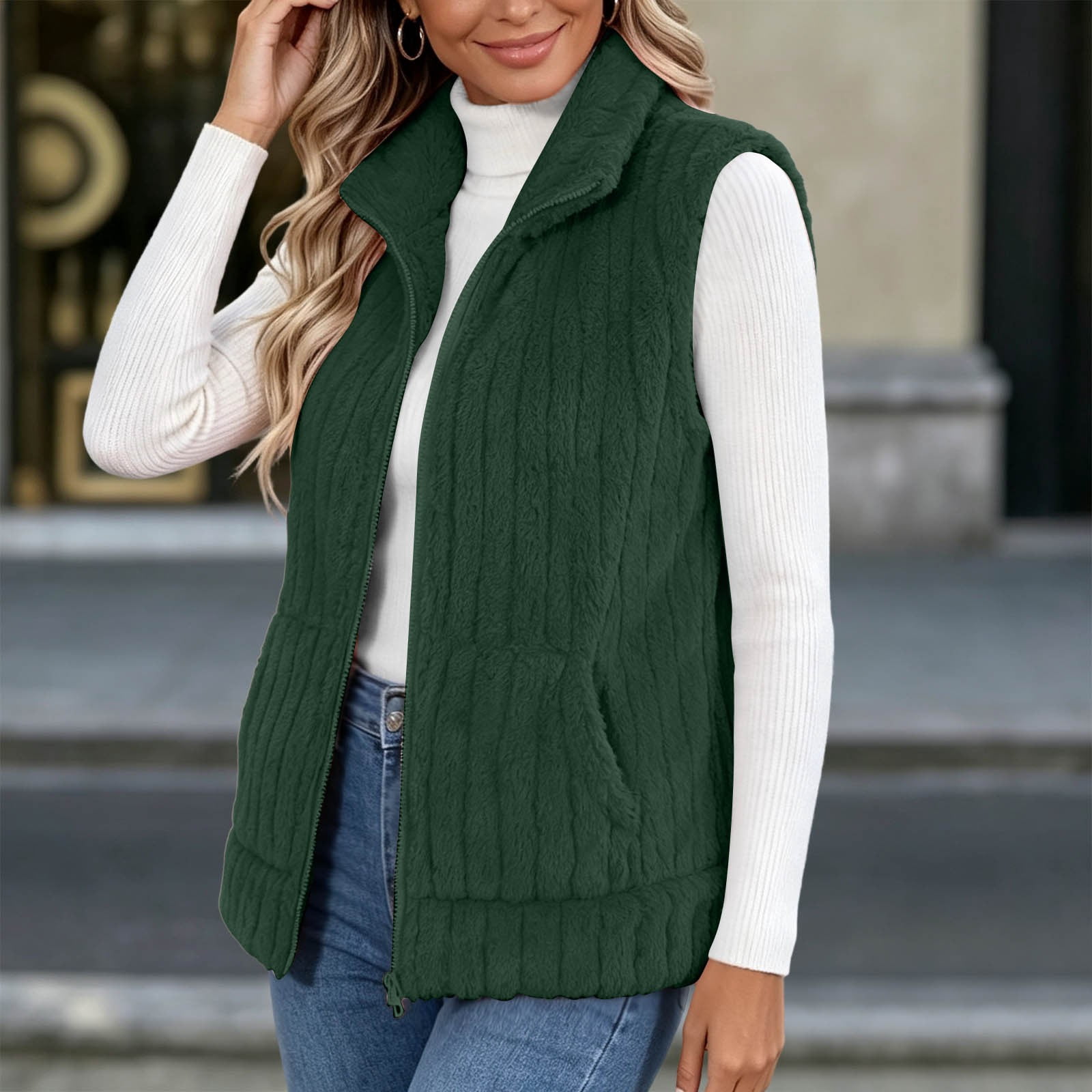UQJfacai Fuzzy Fleece Stand Collar Vest For Women Ribbed Zip Up ...