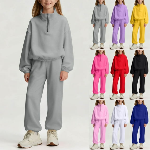 UQJfacai Girls 2 Piece Outfits Tracksuit Half Zip Pullopver Drop Shoulder Sweatshirt and Sweatpants Joggers Set with Pockets 8-13 Years