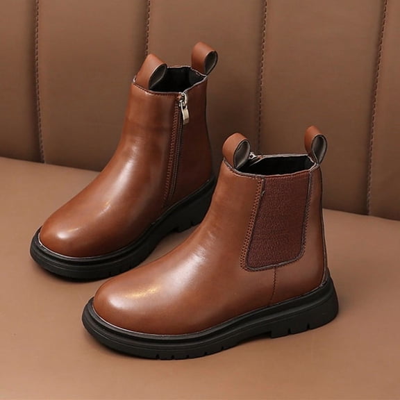 UQJfacai Girls Ankle Boots Kids Side Zipper Riding Boots Winter Warm Fleece Snow Boots Fashion Faux Leather Low Heels Fall Boots