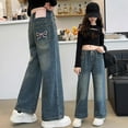 thumbnail image 1 of UQJfacai Girls Baggy Jeans Bow Embroidery Wide Leg Denim Pants Elastic Waist Casual Cute Trousers Y2k Streetwear with Pockets 5-15 Years, 1 of 6