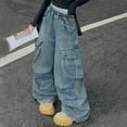 thumbnail image 1 of UQJfacai Girls Baggy Jeans Cargo Pants Wide Leg Denim Pants Kids Elastic Waist Straight Y2k Steartwear Trousers with Pockets 8-16 Years, 1 of 7