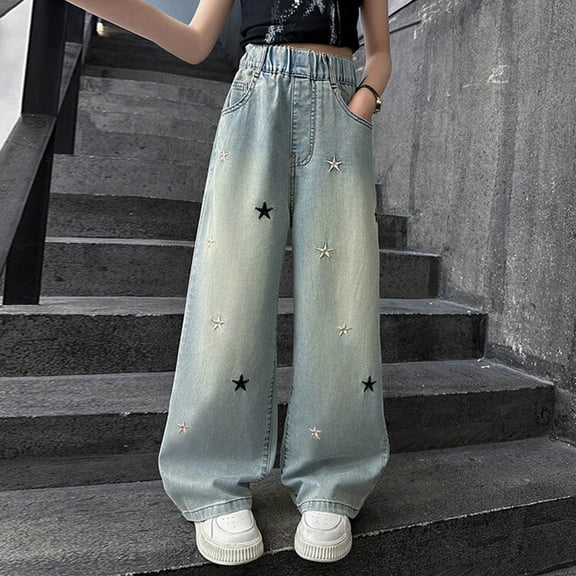 UQJfacai Girls Baggy Jeans Star Graphic Embroidery Wide Leg Denim Pants Streetwear Y2K Elastic Waist Trousers with Pockets 5-15 Years